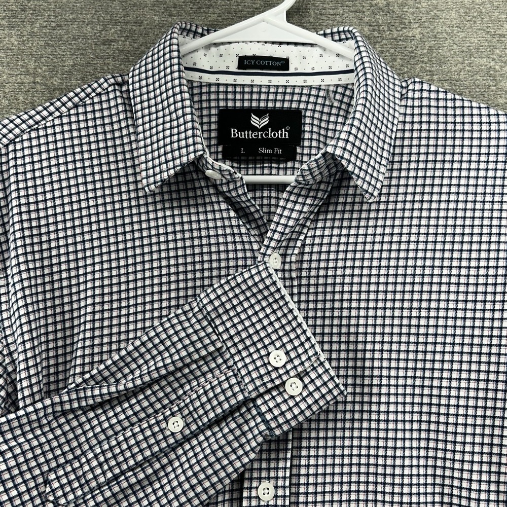 Butter Cloth Ycy Cotton Shirt Large Check Blue White Long Sleeve‎ Casual